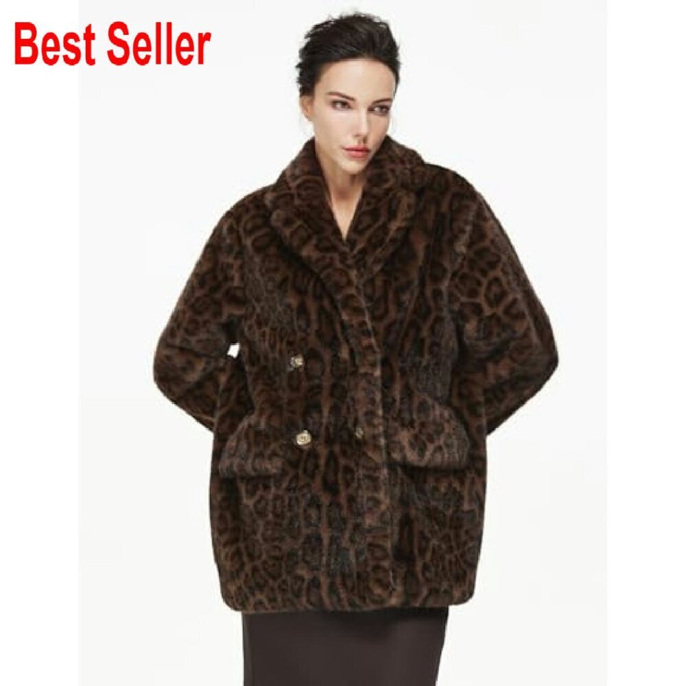 Leopard Print Faux Fur Cropped Jacket Y2K Retro Chic Outerwear with Pockets - Picture 4 of 8